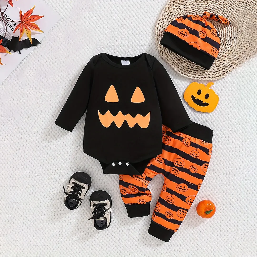 3PCS Halloween Pumpkin And Stripe Printed Long Sleeve Baby Set