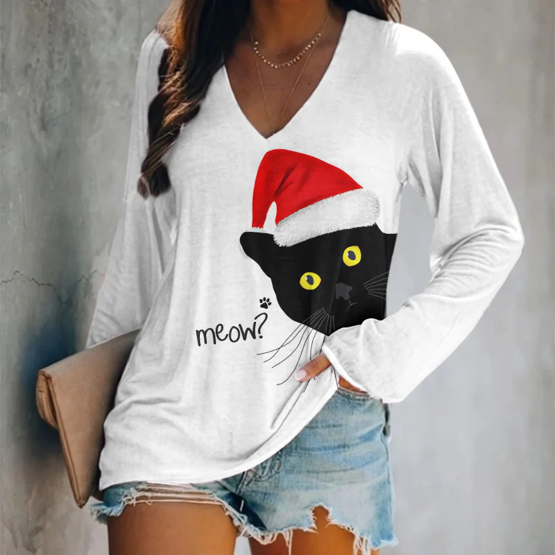 Christmas Cat Print Casual V-Neck T-Shirt
