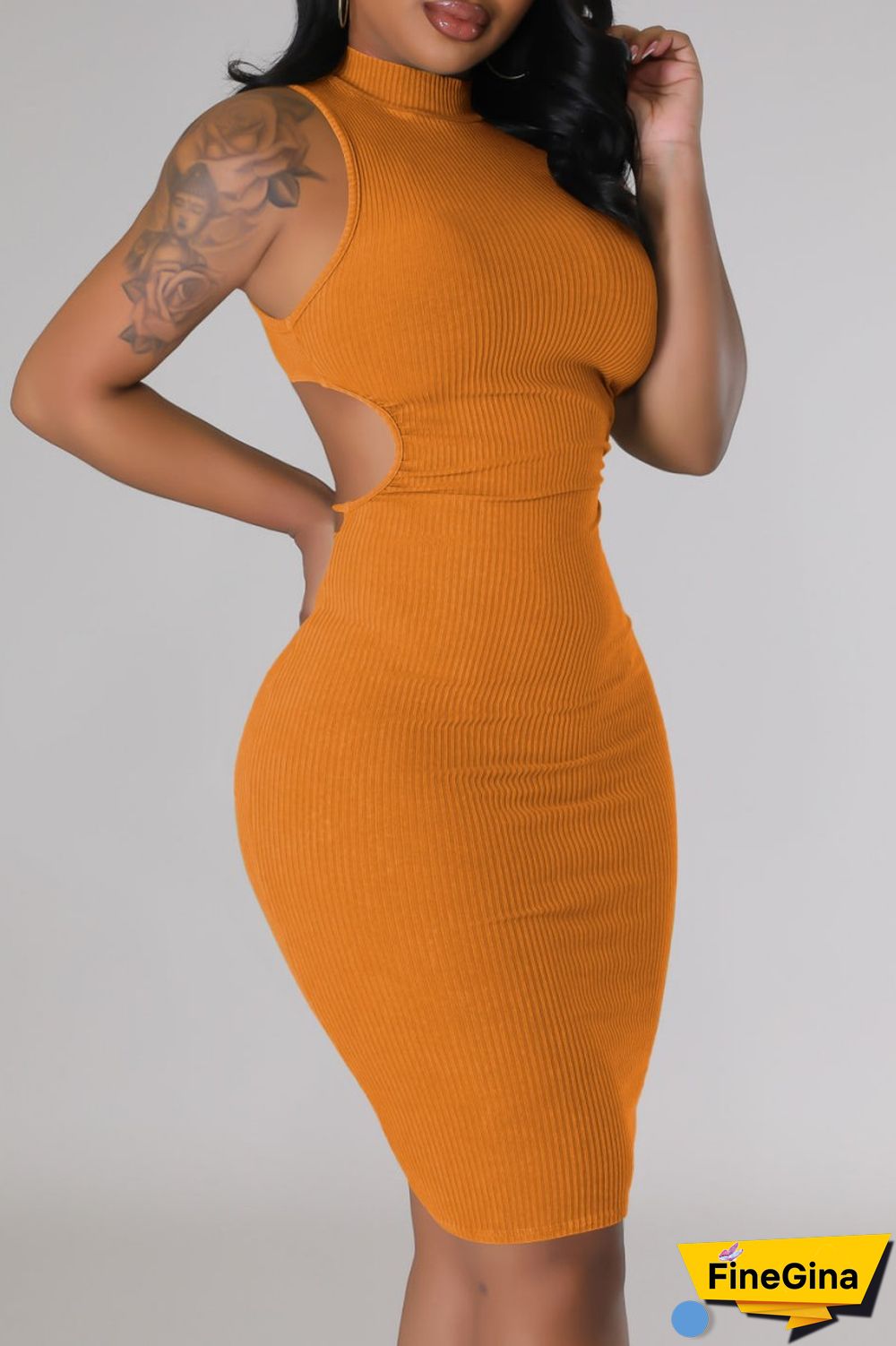 Cream White Casual Solid Hollowed Out Turtleneck Sleeveless Dress Dresses