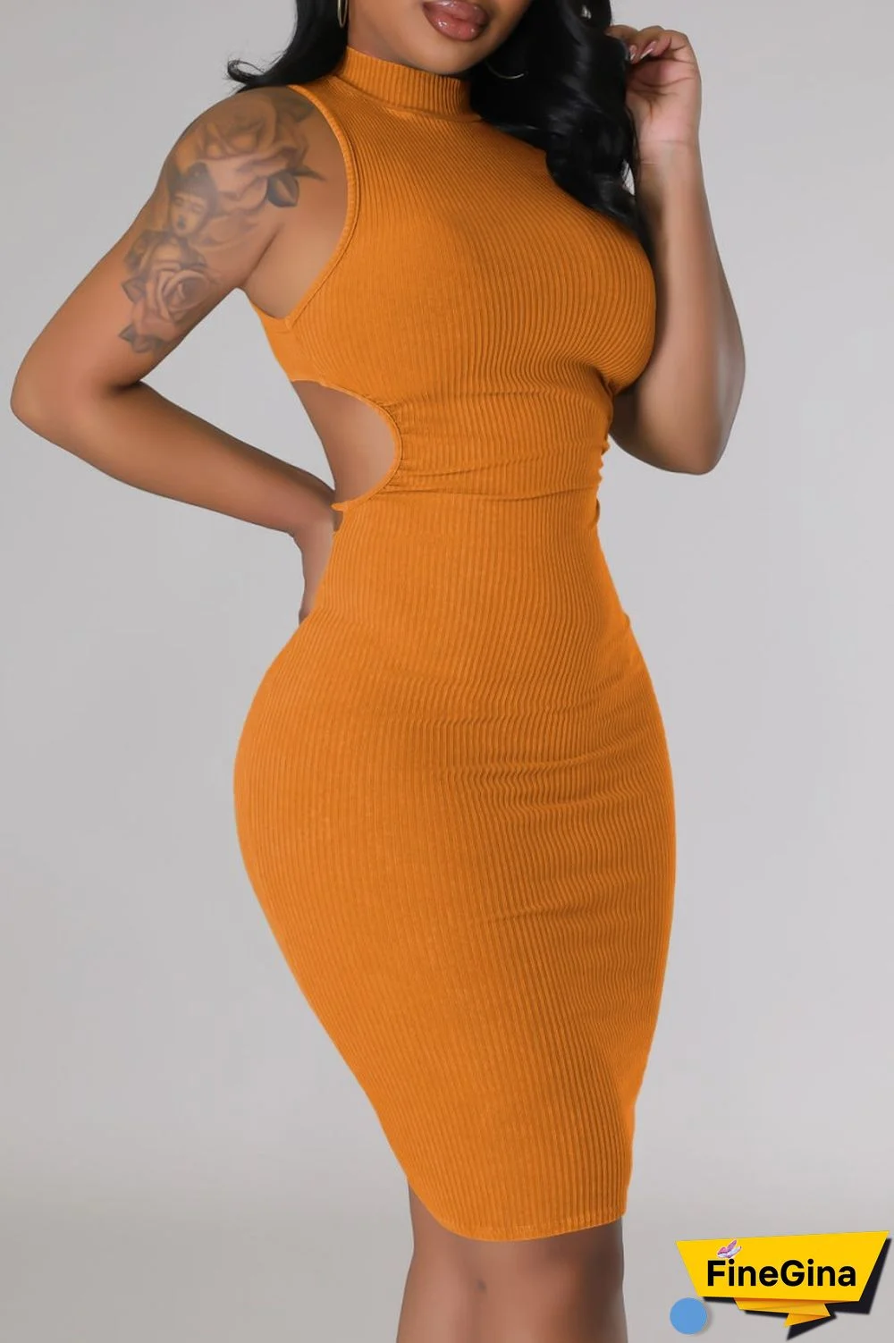 Cream White Casual Solid Hollowed Out Turtleneck Sleeveless Dress Dresses