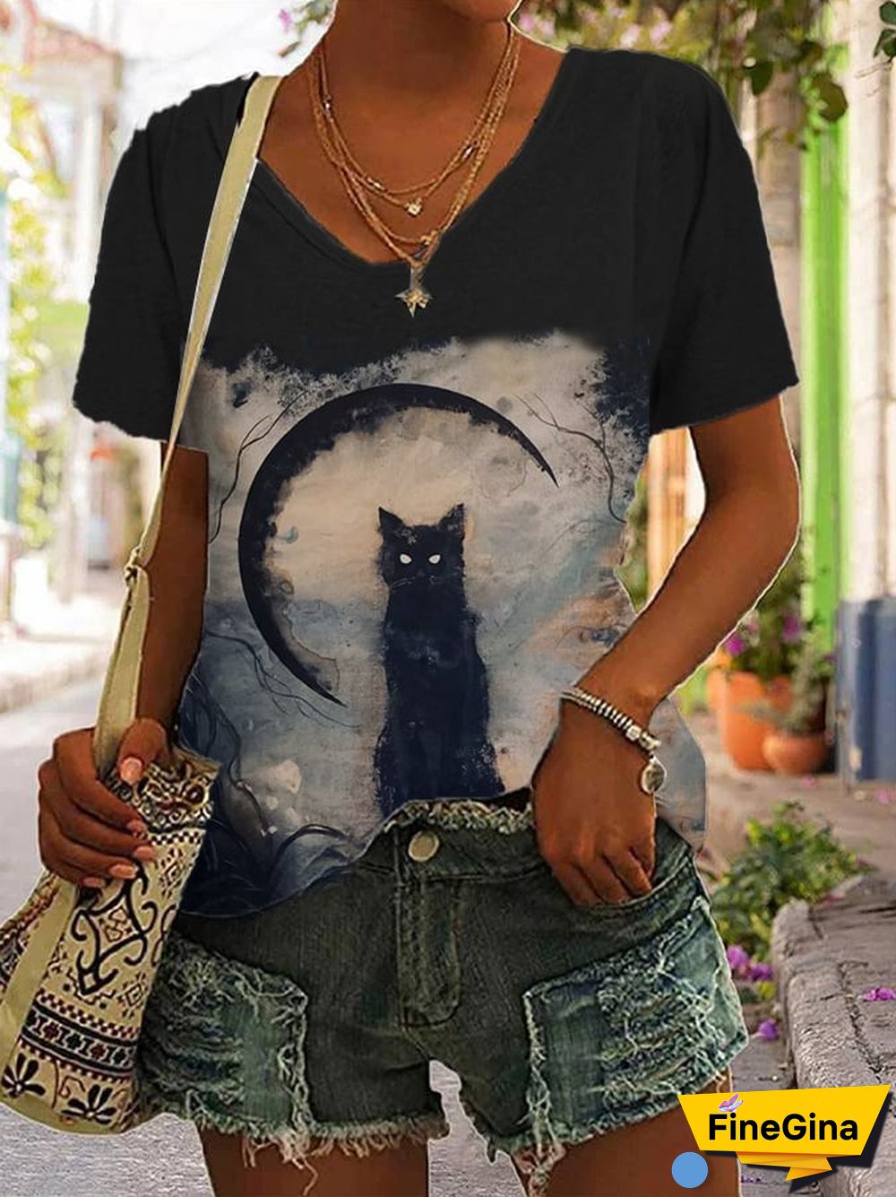 Halloween vintage cat print T-shirt