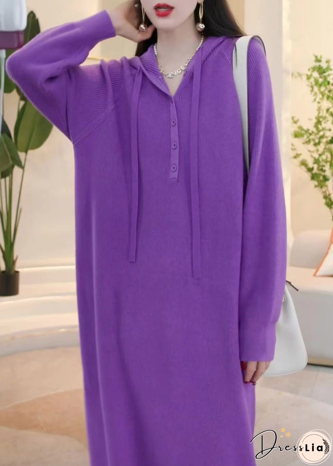 Simple Purple Hooded Button Solid Knit Sweater Dress Winter