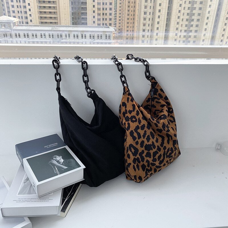 2022 New Autumn Winter Corduroy Shoulder Bags Retro Leopard Pattern Handbag Thick Chain Bags Female Daily Warm Soft Crossbody US Mall Lifes