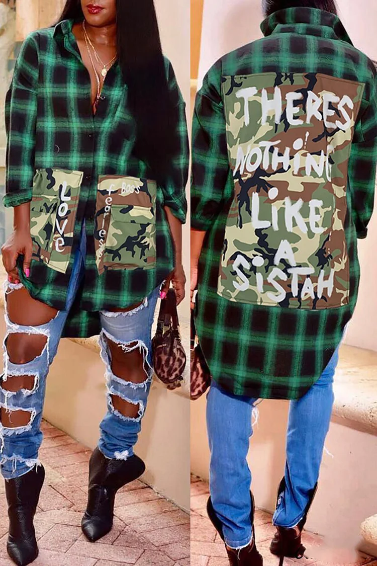 Plus Size Daily Outerwear Casual Green Plaid Midi Fall Winter Shirt Collar Long Sleeve Outerwear [Pre-Order]