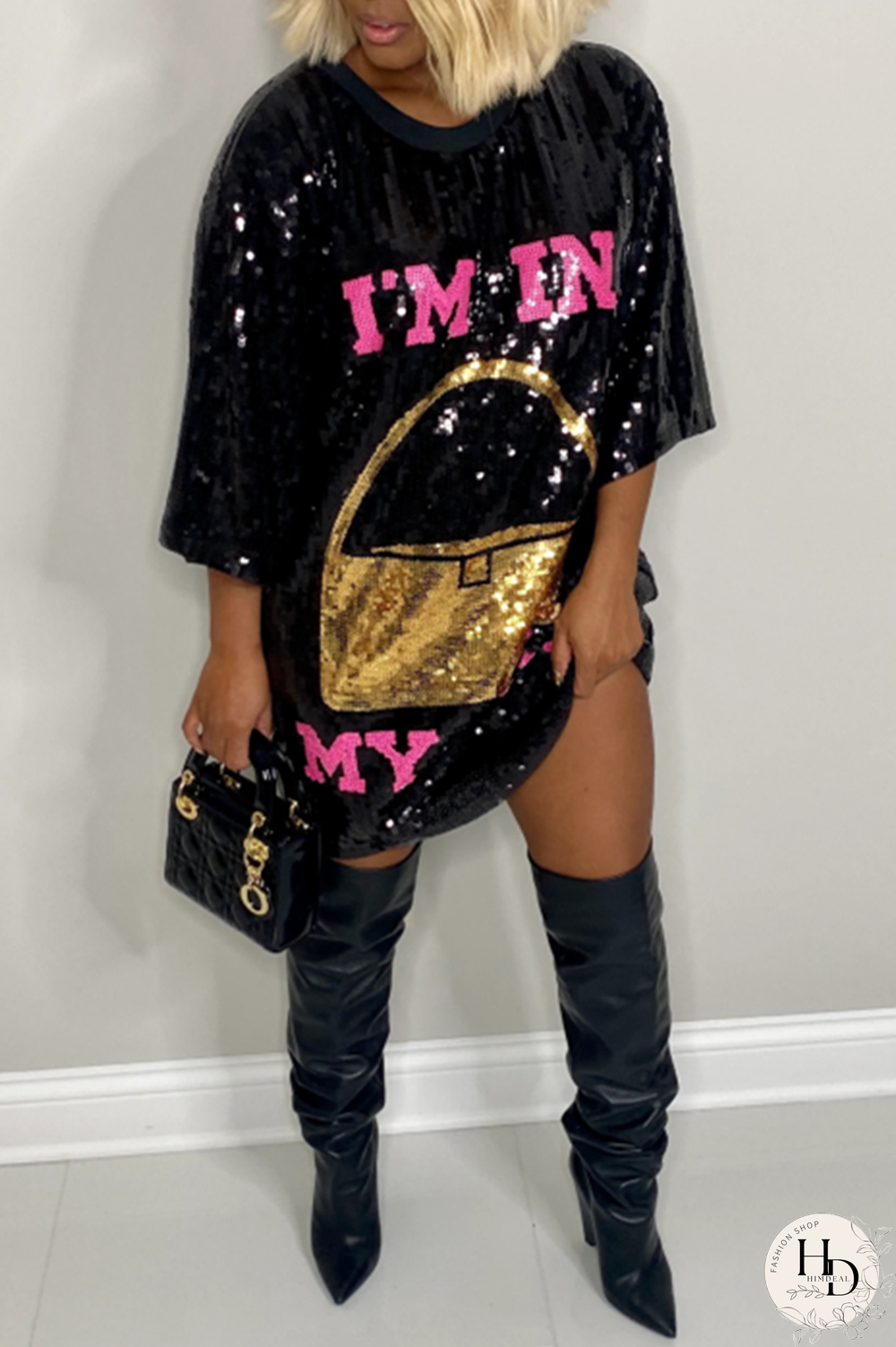 Black Casual Patchwork Sequins Regular Sleeve O Neck Dresses