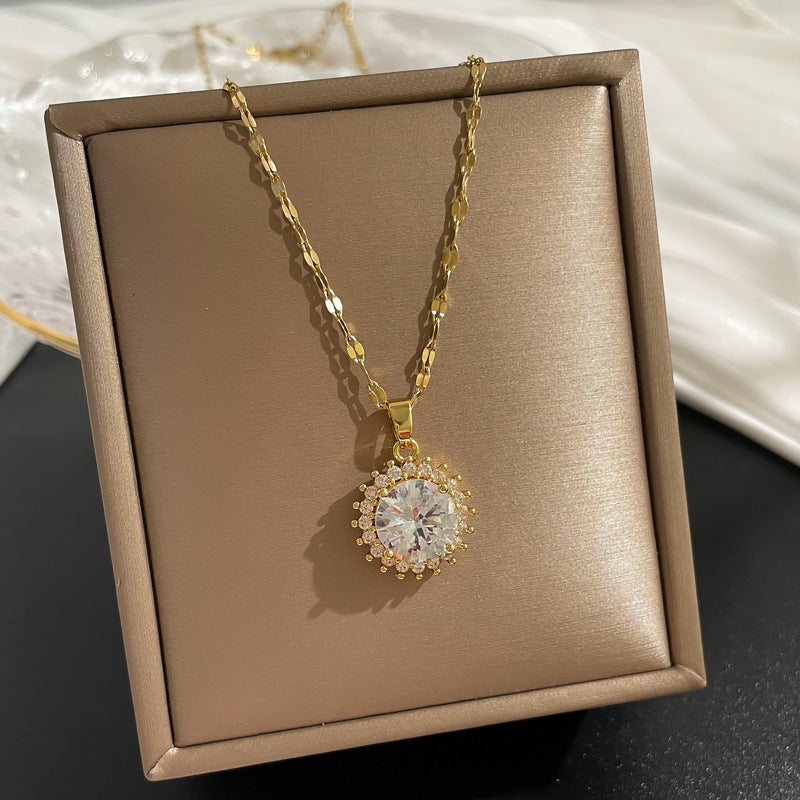 Round Full Diamond Personality Fashion Gorgeous Full Diamond Necklace Female Versatile Clavicle Chain Titanium Steel