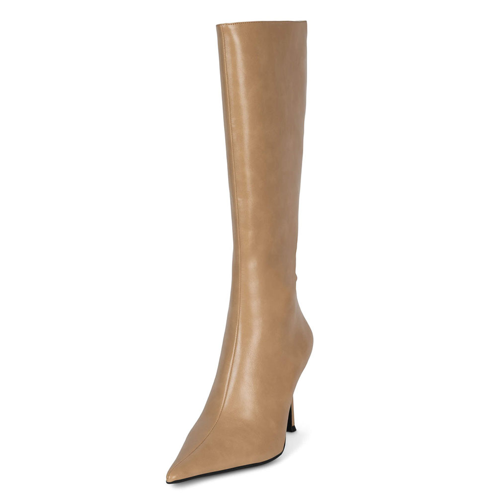 Tan Pointed Toe Stiletto Heel Pull-On Wide Calf Knee High Boots Nicepairs