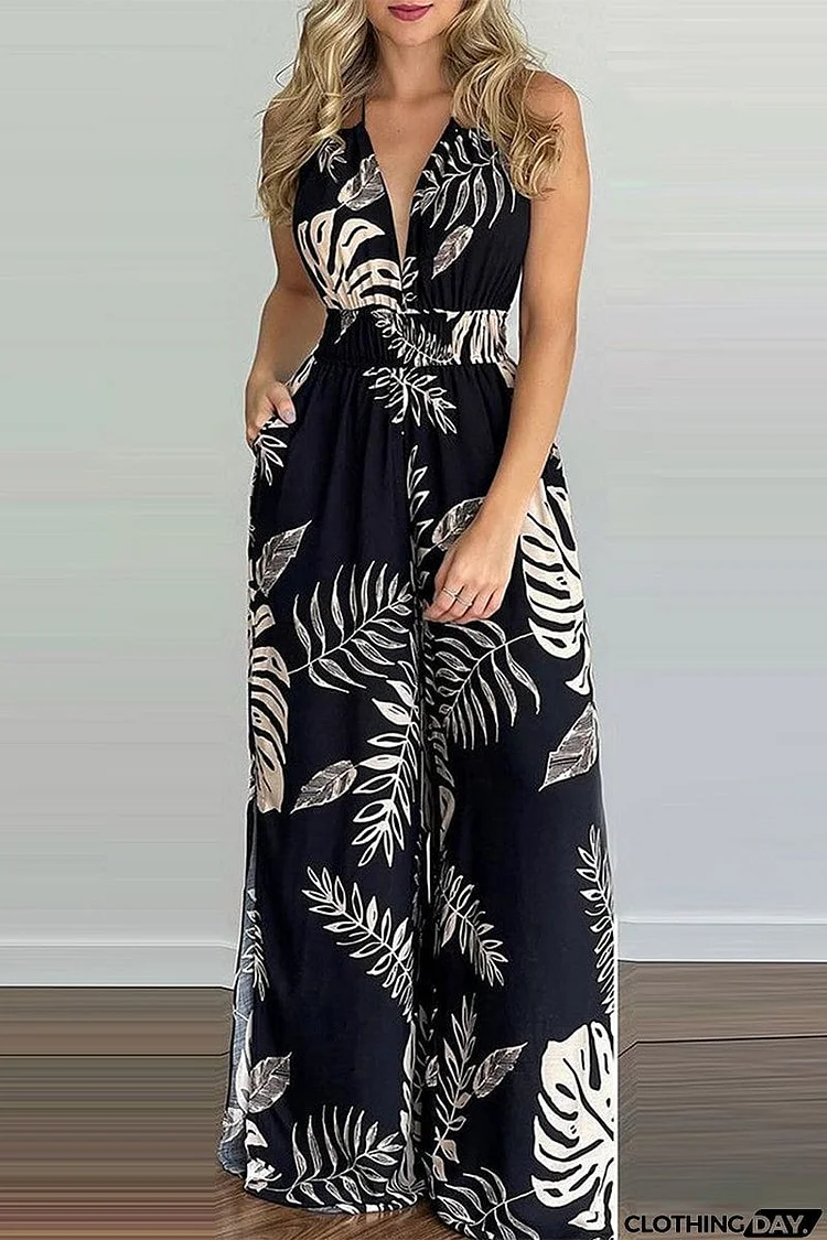 Casual Simplicity Print Spaghetti Strap Loose Jumpsuits