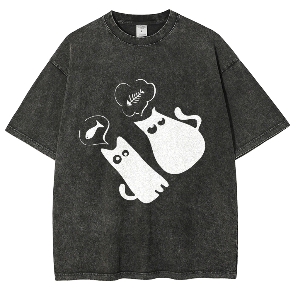Cute Cat Washed Vintage Short Sleeves T-Shirt