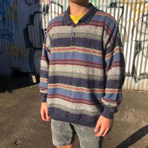 Casual Retro Striped Lapel Long Sleeve Sweater