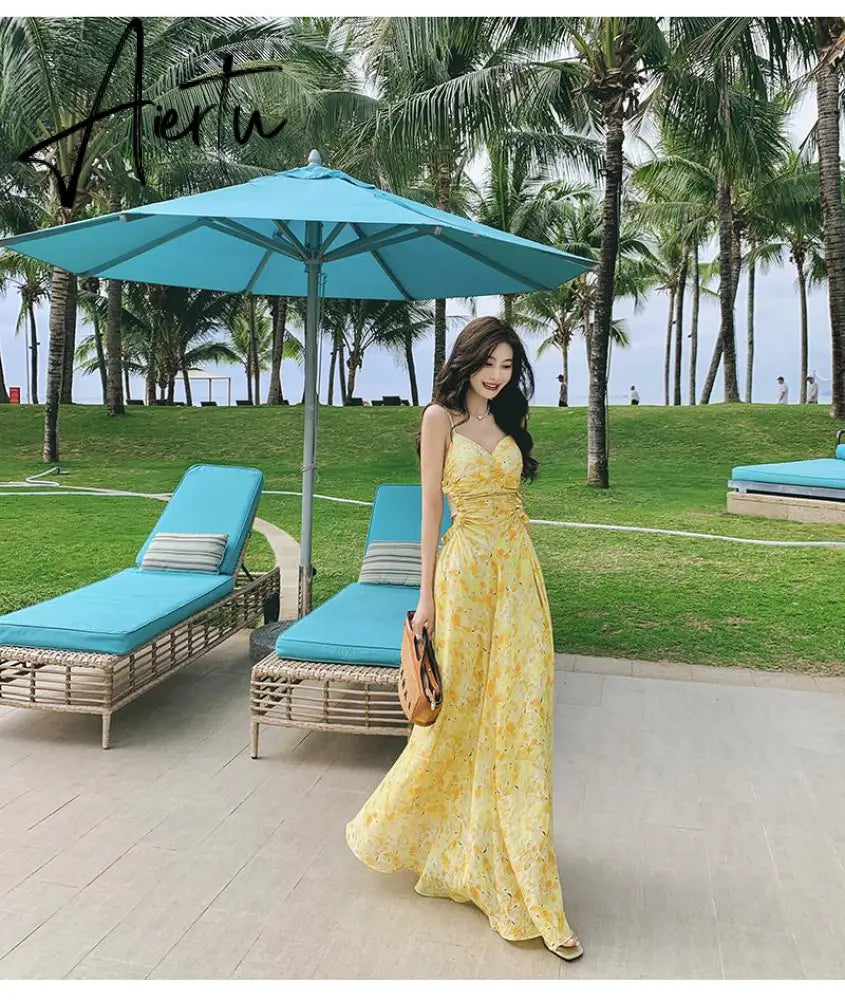 Yellow V-neck Spaghetti Strap Club Party Sexy Dresses Women Summer Bodycon Corset Dress  Backless Long A-line Dress Print Aiertu