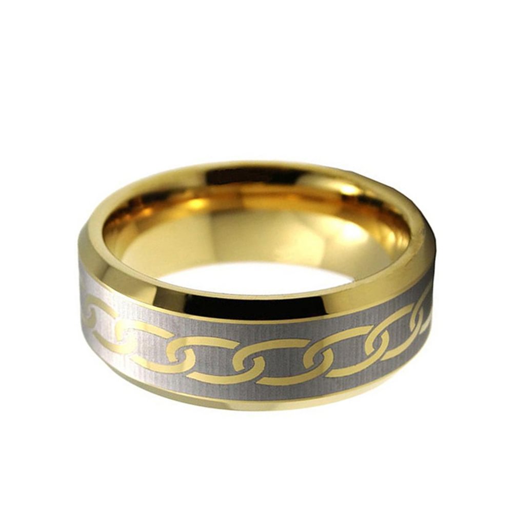 Gold Men Tungsten Carbide Rings Bevel Edge Laser Chains Pattern 8MM Wedding Bands