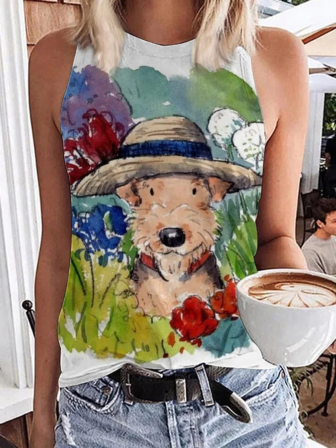 Women's Cute Watercolor Dog Print Vest