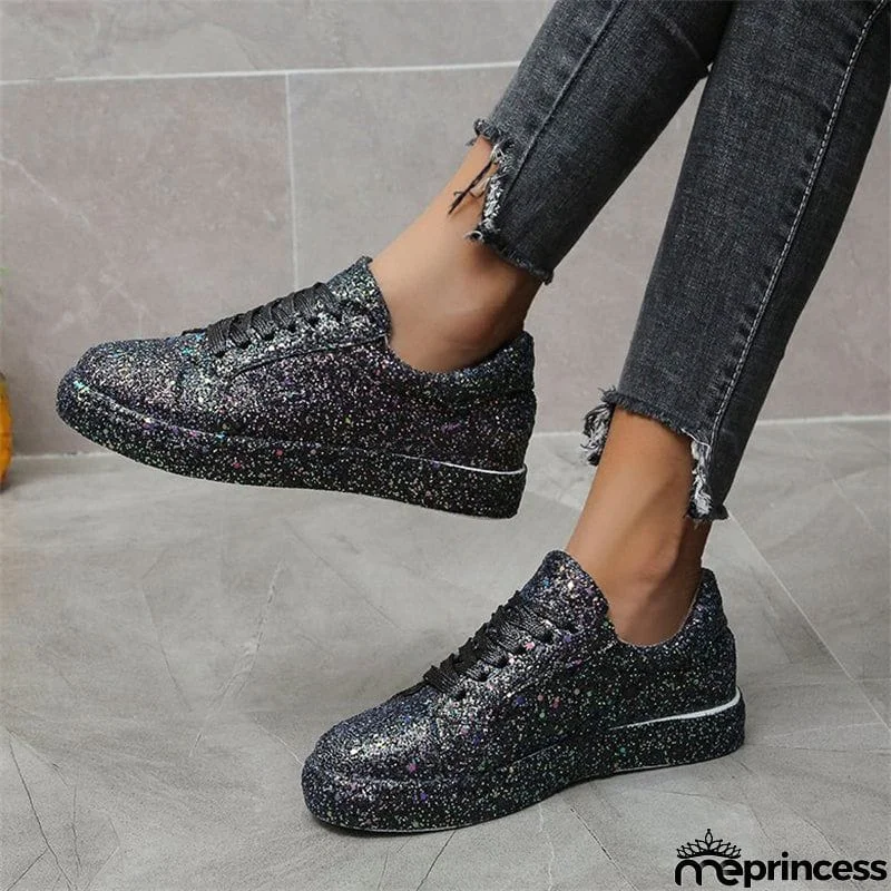 Women's New Cozy Casual Solid Color Sequin Lace-up Shoes