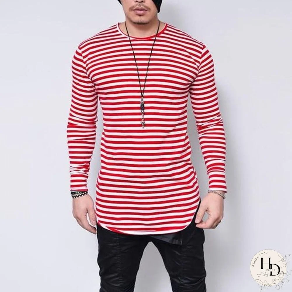 Striped Men T-Shirt Fashion Long Sleeve High Elastic Casual Streetwear Irregular Male Slim Oversize Clothing