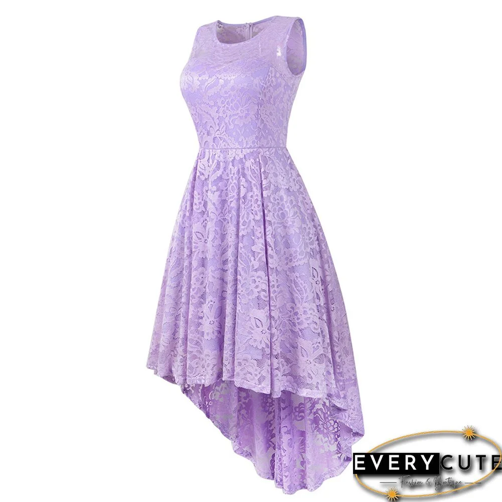Light Purple Sleeveless High Low Lace Evening Dress