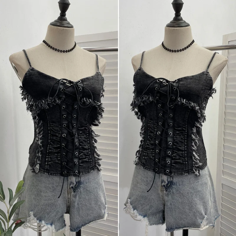 Uveng Real Shooting Do The Old Fur Side Of The Denim Splicing Pu Skin Lace Sling Vest Short Without Sleeve Top 618