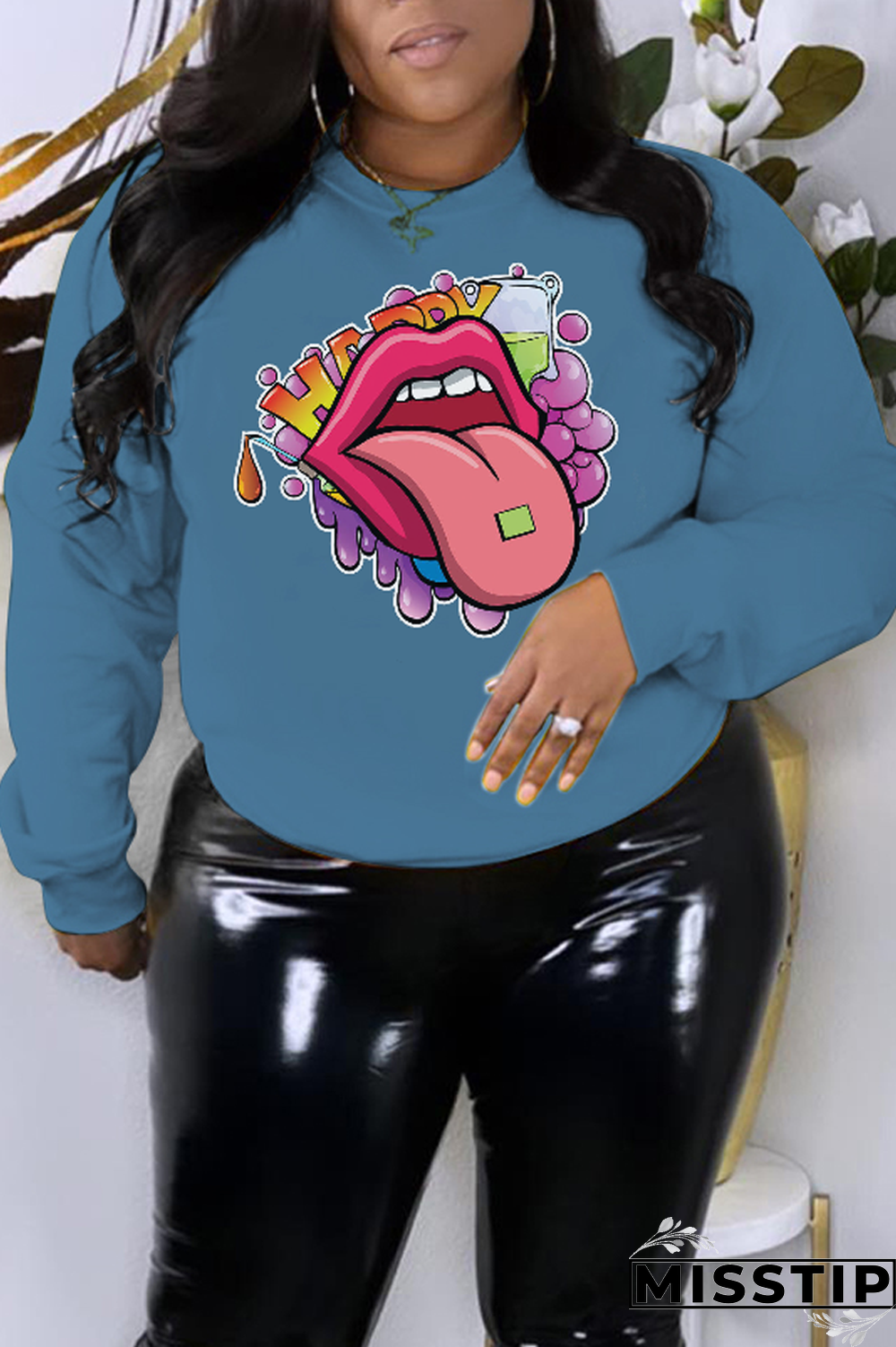 Blue Street Vintage Lips Printed Patchwork O Neck Tops