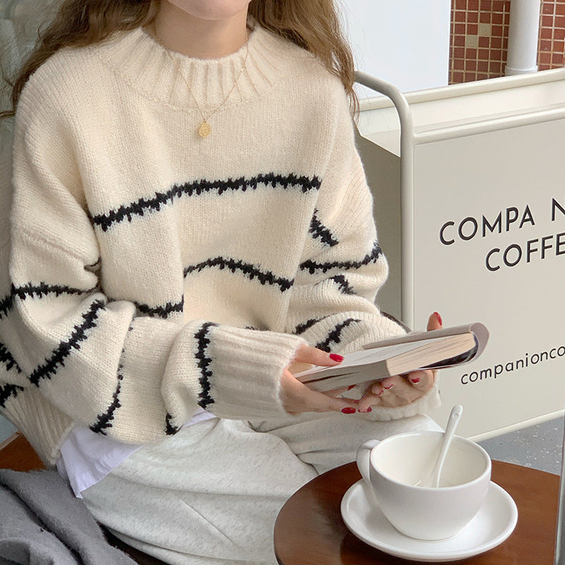 Aiertu fall outfits Retro Japanese Style Lazy Loose Sweater Women's Thickened Autumn and Winter Long Sleeve Striped Half Turtleneck Sweater aiertu