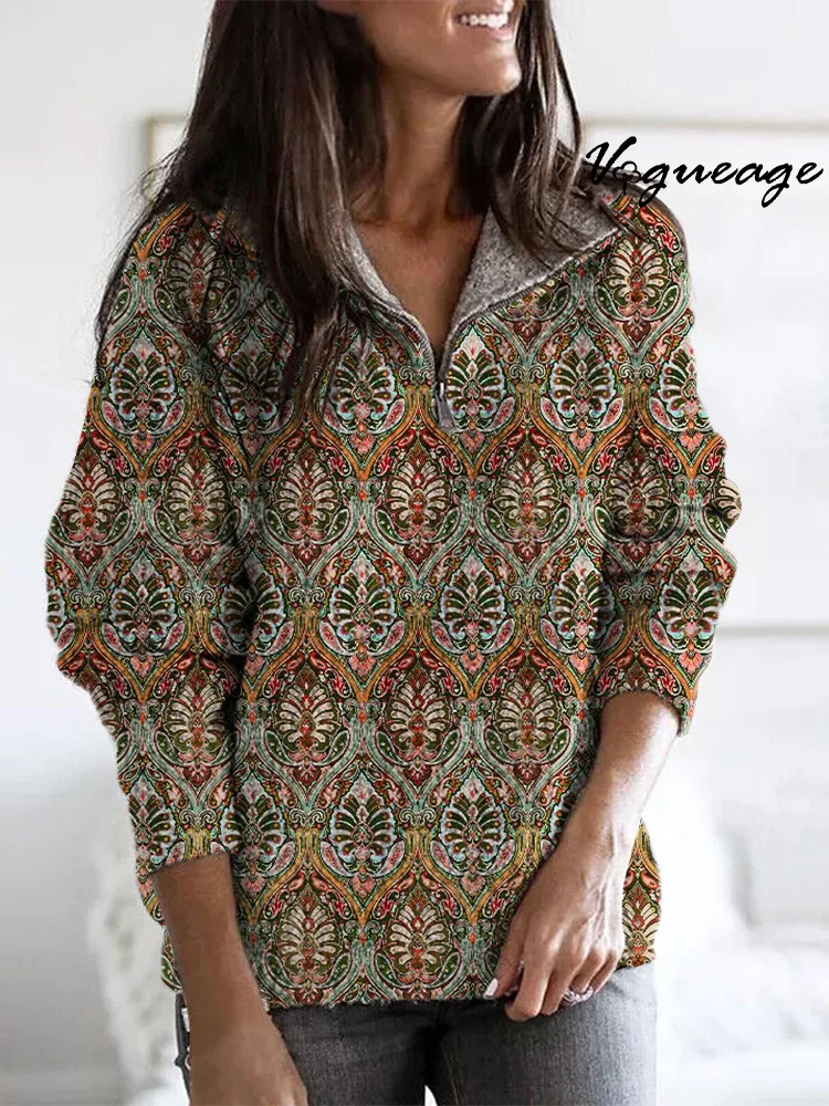 Steady And Warm Symmetrical Plant Pattern Zippered Long-Sleeved Sweater