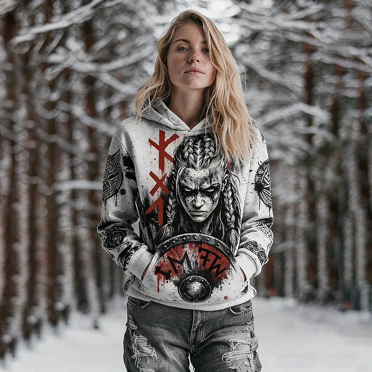 Women&lsquo;s Retro Viking Warrior Lagertha Art Pattern Casual Hoodie