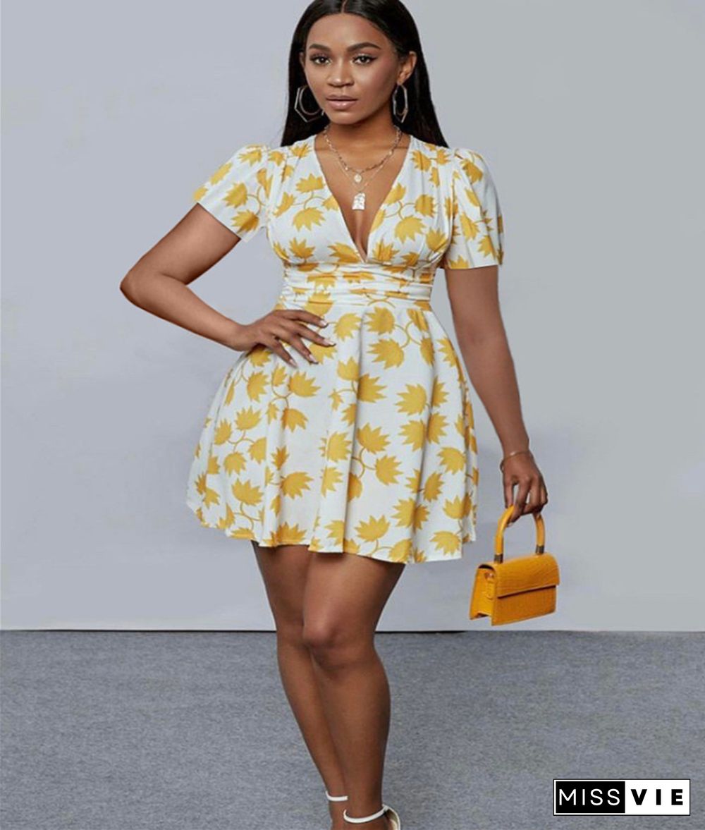 Women Casual V Neck Short Sleeve A Line Mini Dress