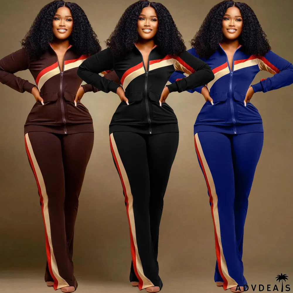 Plus Size Zipper Long Sleeve 2 Piece Pants Sets