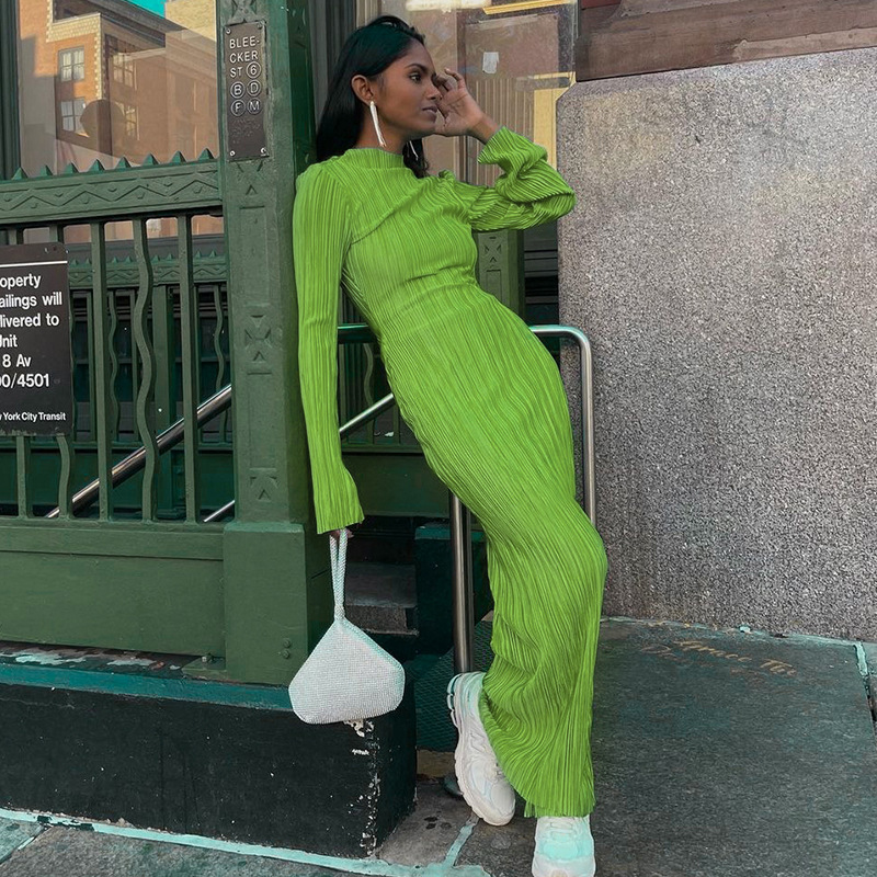 Ootddress Fashion Long Sleeve Loose Dress For Women Ribbed Casual Elegant Slim High Waist Streetwear Solid Ruffled Ladies Dress 2025