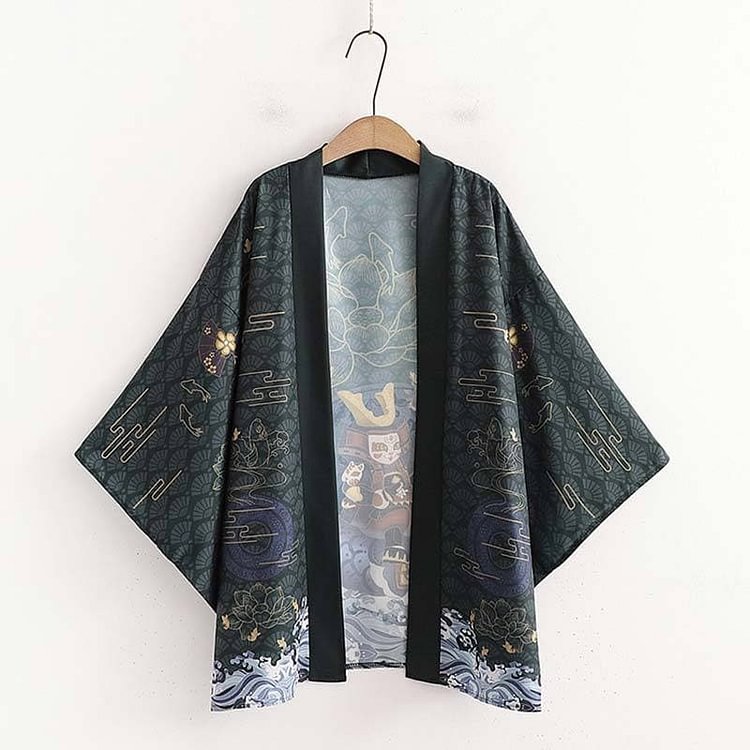 Green/Black/Red/Navy Harajuku Cartoon Carp Print Kimono Outerwear Sun Protective SS1240