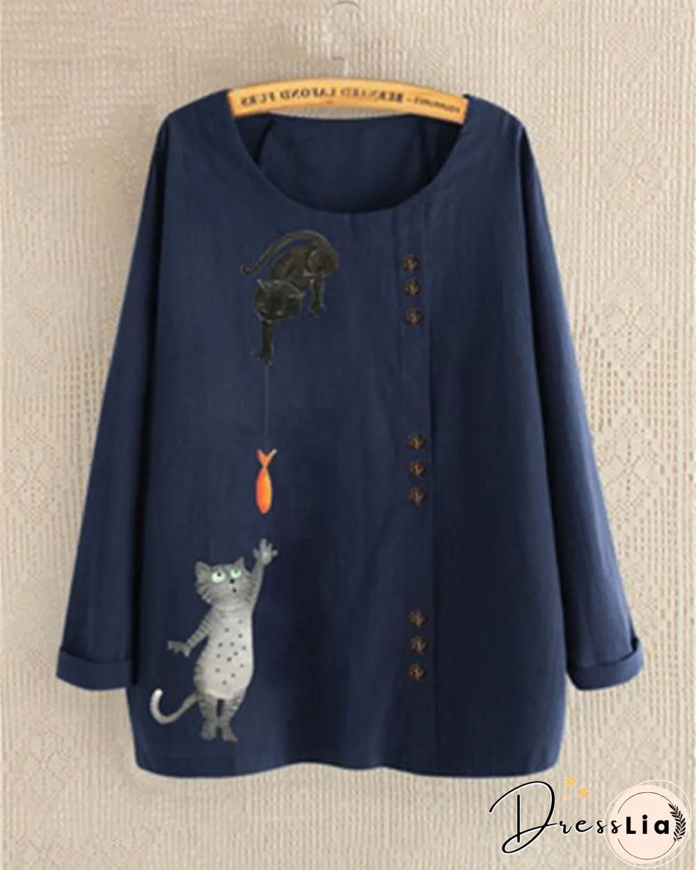 Round Neck Long Sleeve Cartoon Printed Blouses Tops