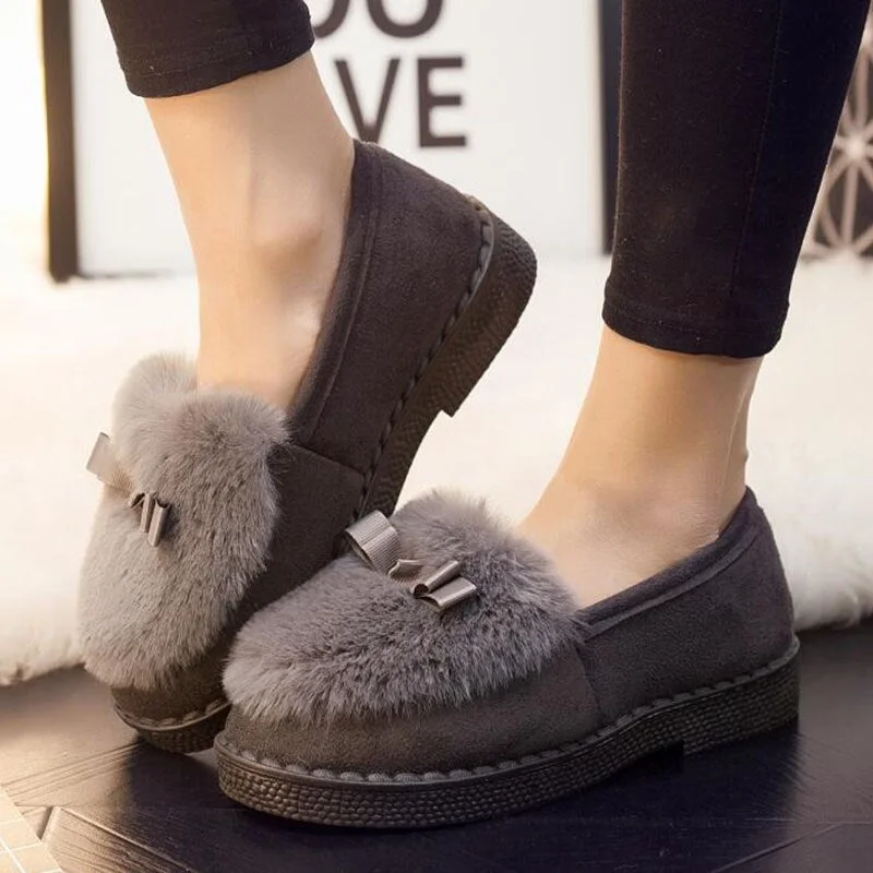 New 2020 Autumn Winter Women Ballet Flats Lovely Bow Warm Fur Comfort Cotton Shoes Woman Loafers Warm Fluffy Zapatos De Mujer