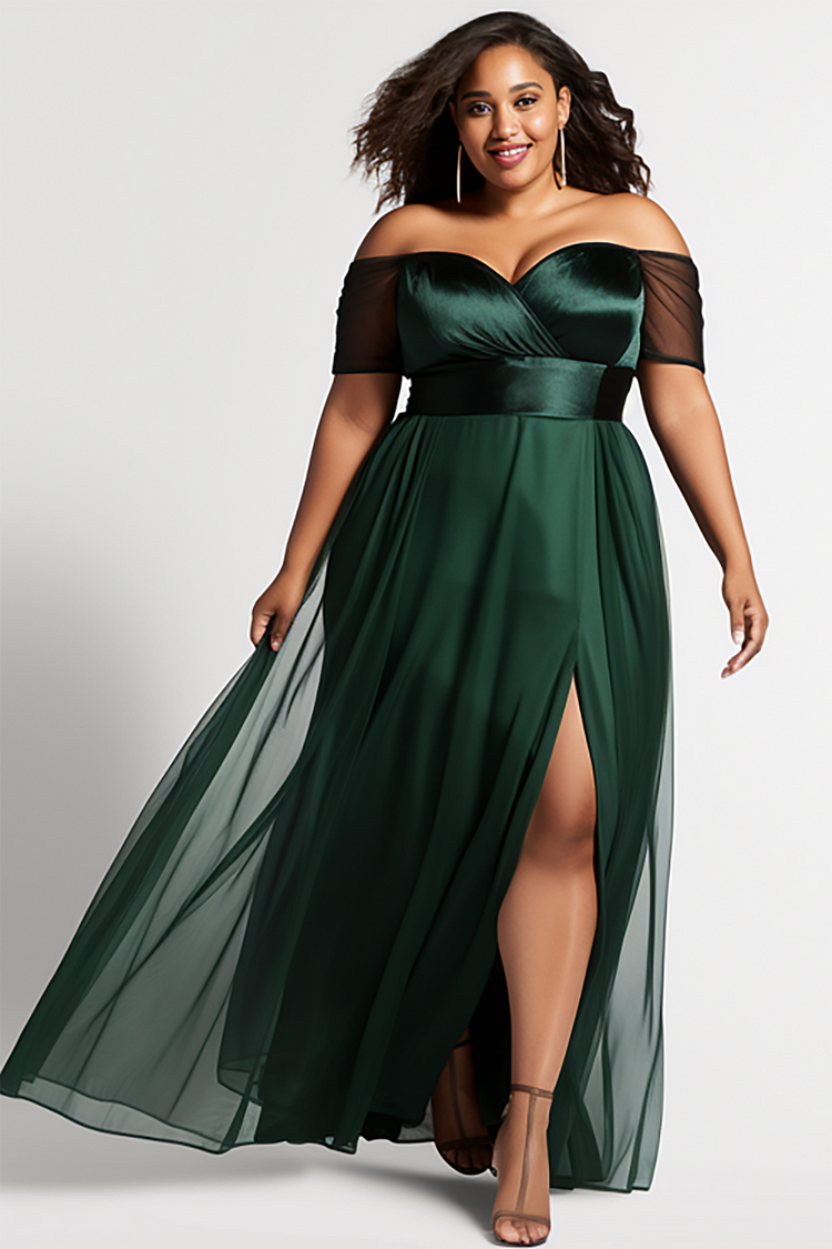 Xpluswear Design Plus Size Semi Formal Elegant Green Off The Shoulder Split Tulle Maxi Dresses