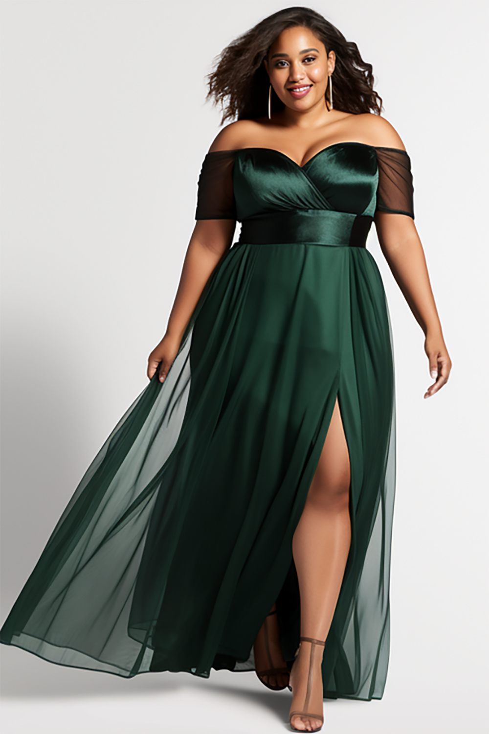 Design Plus Size Semi Formal Elegant Green Off The Shoulder Split Tulle Maxi Dresses [Pre-Order]