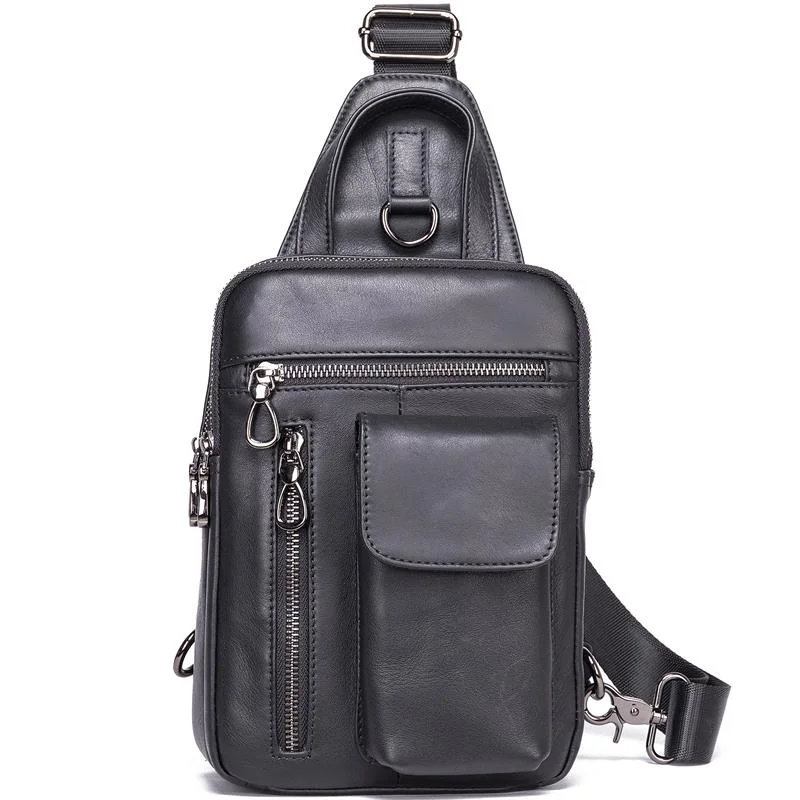 Men's Leather Retro Zipper Casual Crossbody Bag Chest Bag