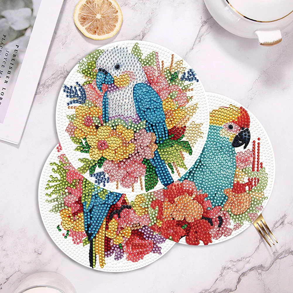4pcs DIY Flower Parrot Wooden Diamond Painted Placemats for Dining Table Decor(15*15cm)