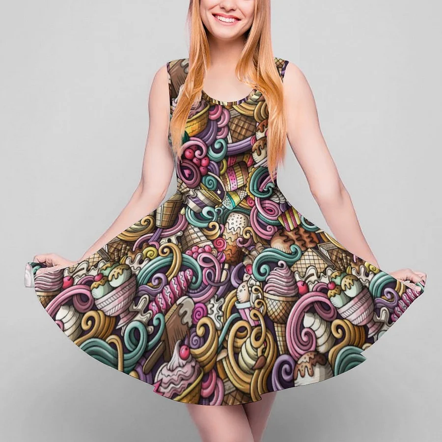 Ice Cream Doodle Crewneck A-Line Skater Dress Geometric-XL
