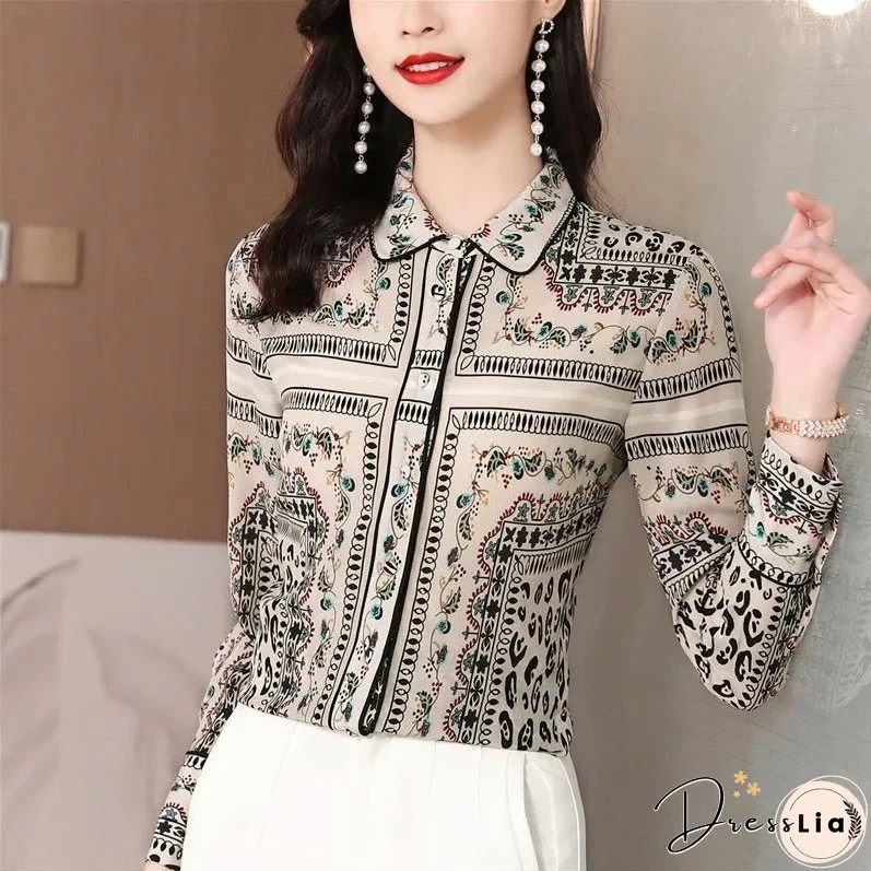 Ribbon Bow Women Silk Print Shirt Polka Dot Long Sleeve Button Up Blouses Office Ladies Casual Shirts Spring Autumn Designer Blouse Fine Elegant Tops Woman