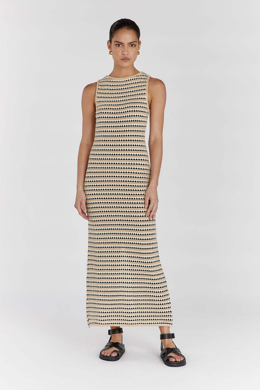 Ootddress Striped See-Through Long Dress Female Elegant Sleeveless High Waist Patchwork Fashion Beach Dress Knit Maxi Dress Summer