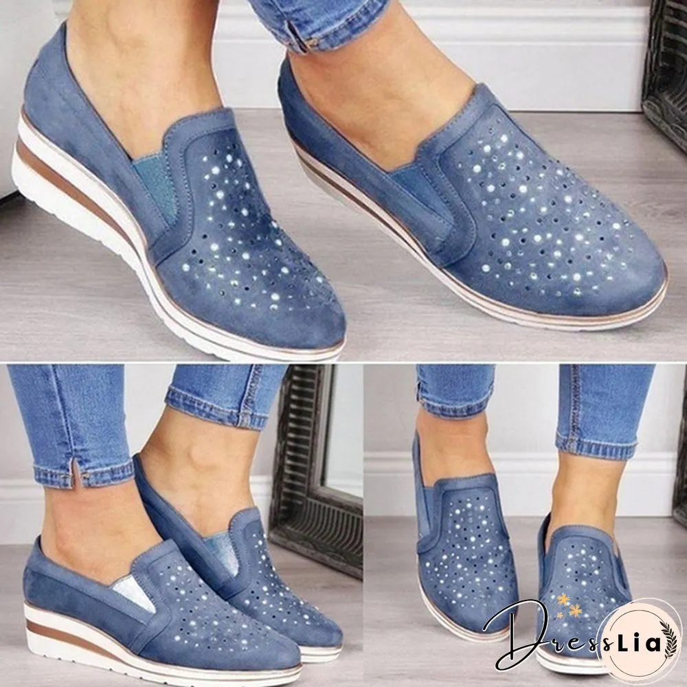 Women Casual Thick Sole Single Shoes Rhinestones Sandals Breathable Wedge Shoes