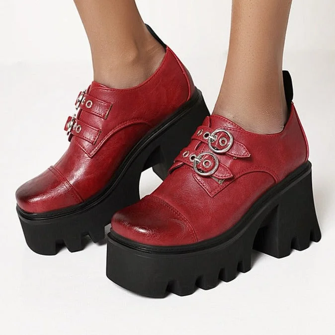 Vstacam INS On Sale Lady Platform Buckle Block Heel Pumps Thick Sole Shoes For Women Vintage Goth Office Shoes