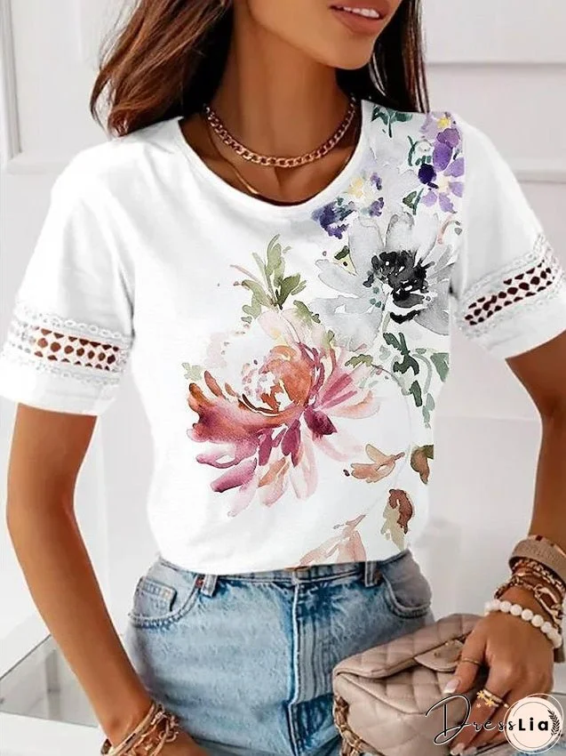 T shirt Tee White Eyelet Tops White Floral Print Short Sleeve Holiday Weekend Basic Round Neck Regular Floral Painting S for Women