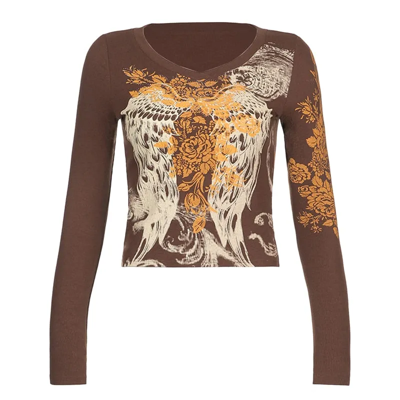 Xingqing Angel Wings Print Tops Fairy Grunge Graphic T Shirts Vintage Indie Aesthetic Clothes Cyber Y2k Slim Long Sleeve Top