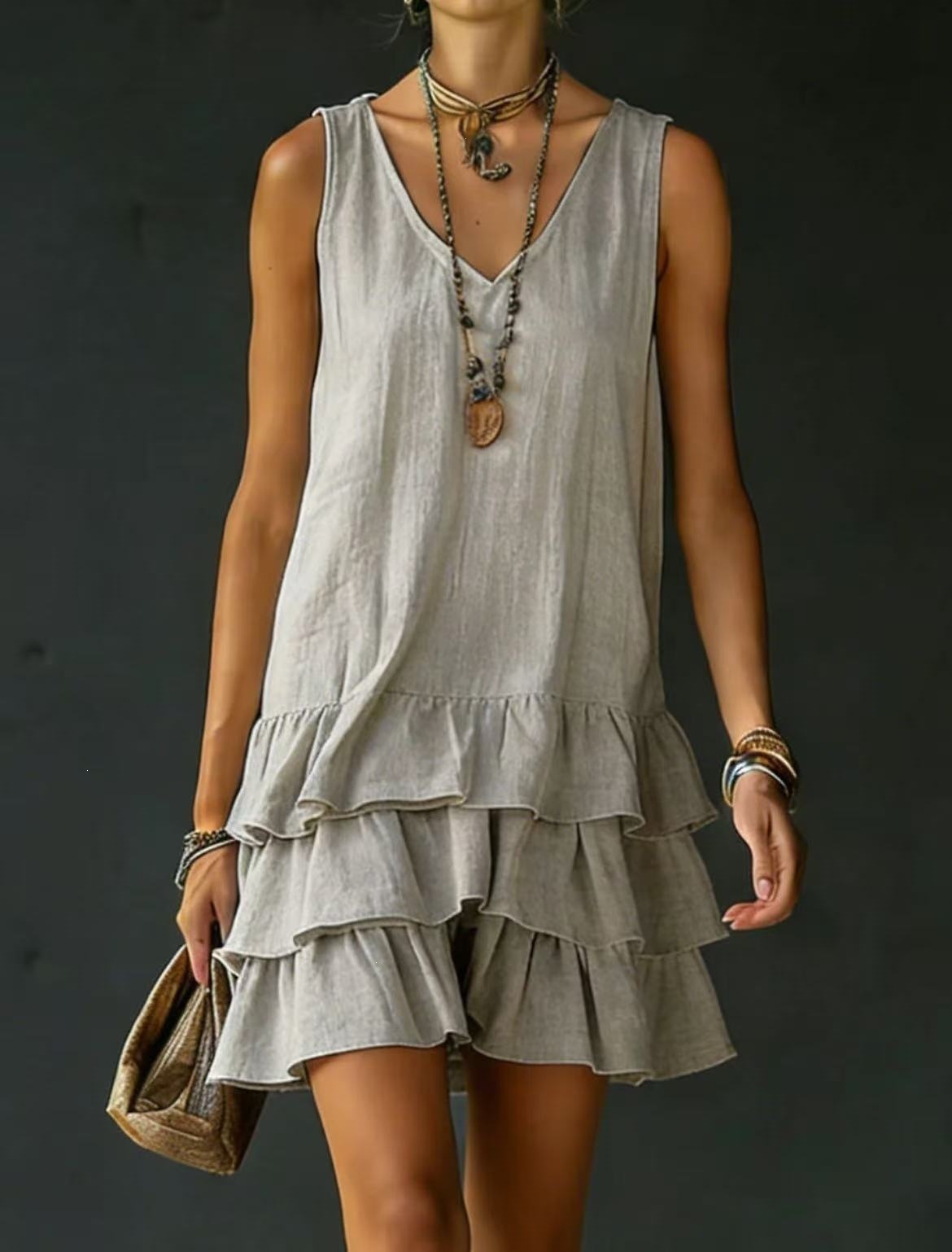 Women&rsquo;s Sleeveless V-Neck Loose Tiered Ruffle Hem Solid Casual Mini Dress