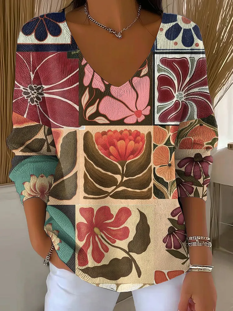 Women's Geometric Flowers And Plants Pattern Pullover Sweater