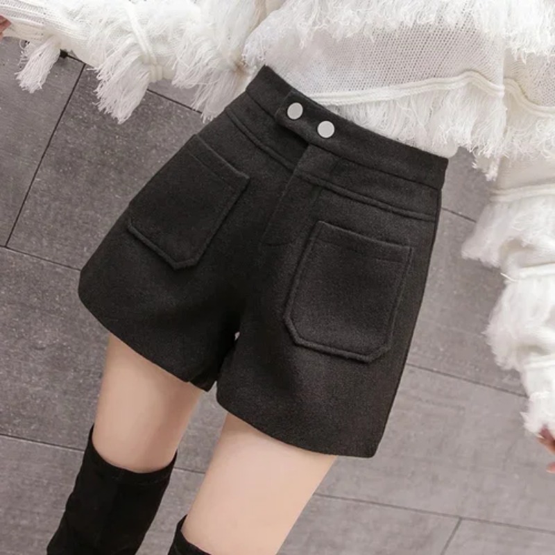 2024 Spring Button Women Shorts Casual Harajuku Corduroy Pants Pockets Chic Pink Black Apricot High Waist Trousers 6307