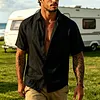 Men's Linen Short Sleeve Shirt Summer Casual Button Down Top Breathable Lightweight Pink Dress Shirt for Beach Vacation by Inlyline