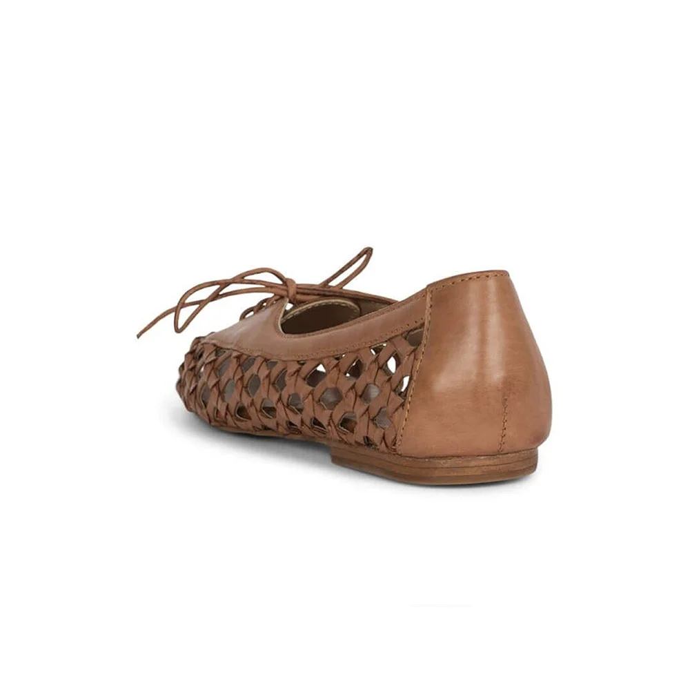 Simple Brown Tie-Up Round Toe Woven Details Flats with Cut-Outs