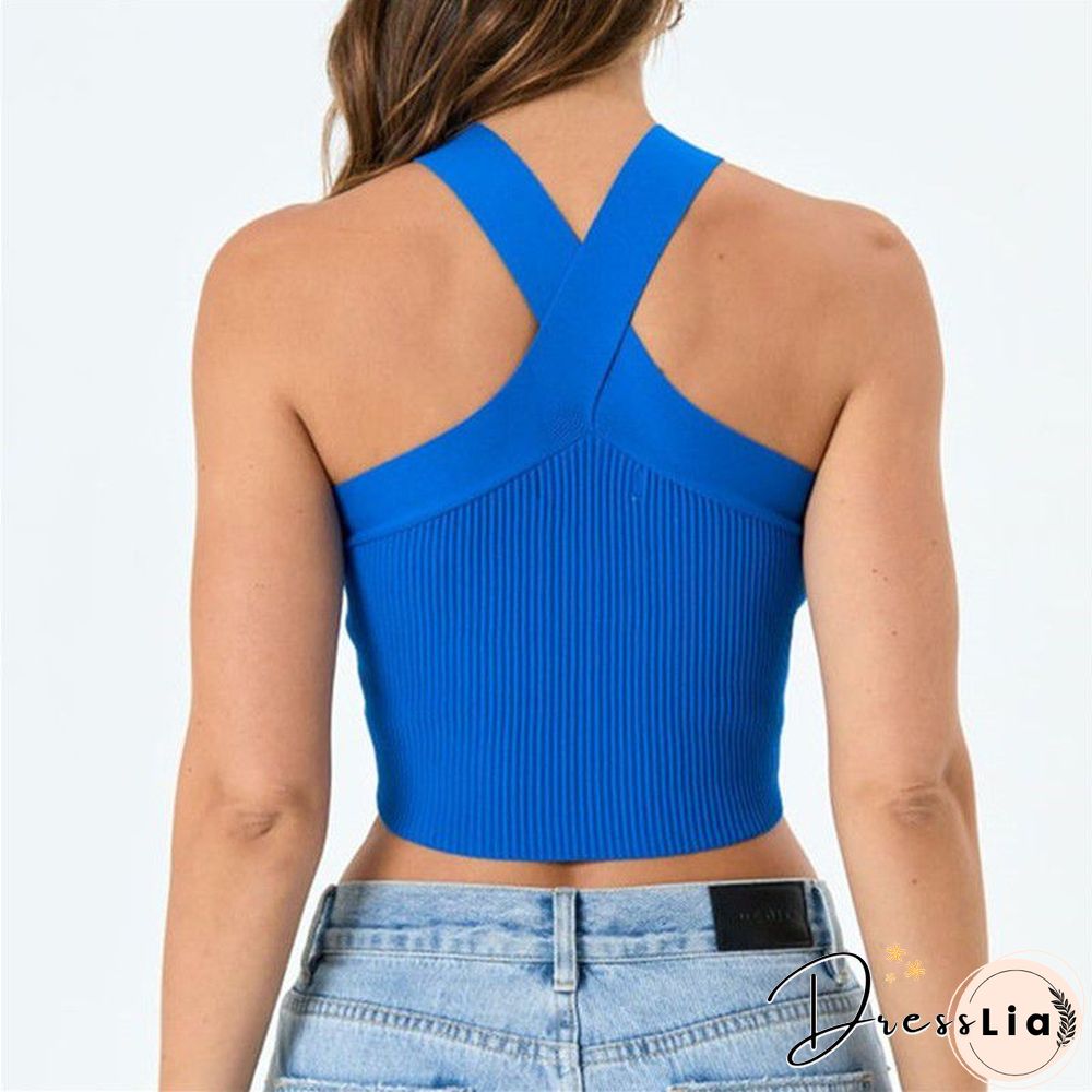 Crinkle Wide Ribbed Rib Criss Cross Halter Crop Top