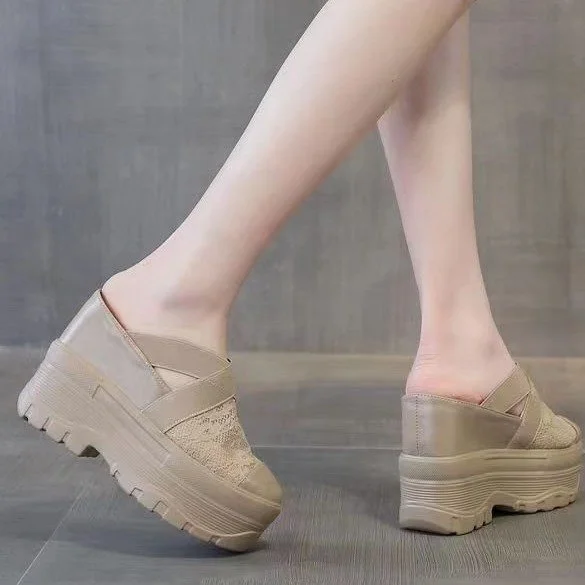 Wongn Wongn Summer New Lace Baotou Half Drag Inside Increased Fashion Ultra High Heel Sandals Women's Shoes