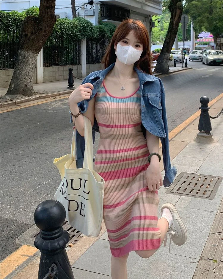 Uveng Uveng Dopamine Striped Knitted Sling Dress Autumn New Korean Version Of The Famous Mid-Long Waistcoat Skirt Trend